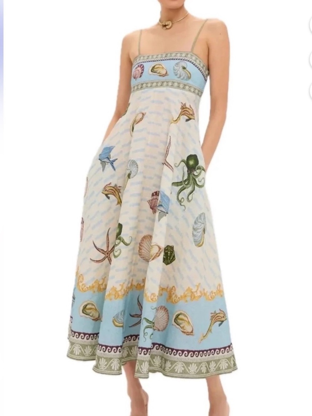 Sea Motif Maxi Dress in Light Blue and Cream